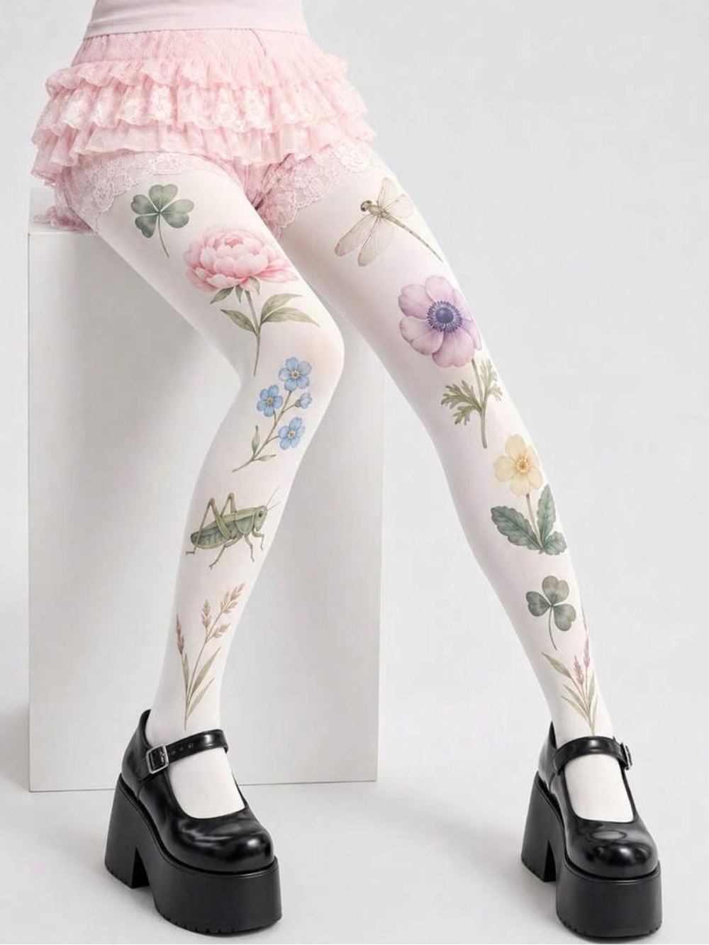 White Floral & Insect Print Tights